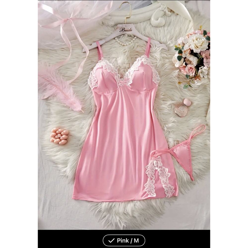 Baby Doll, Lingerie And Pink With Lace Two Piece Set Size Medium NWT